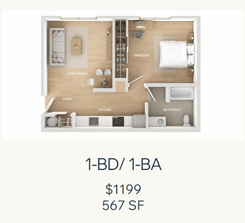 Floor plan for 1 bed, 1 bath, 569 sqft